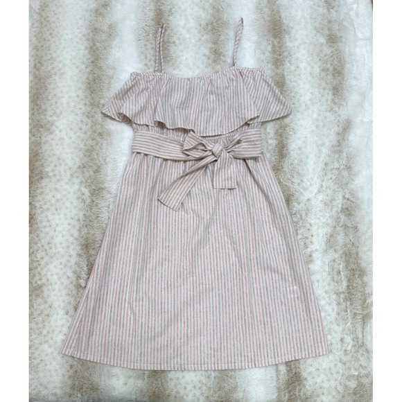 Pleione Dresses & Skirts - Pleione Striped Sundress Womens M Pink Tan Ruffle Tie Waist Spring Summer Beach